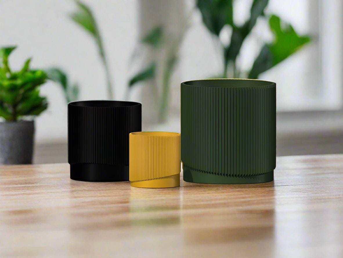 Mid-Century Ribbed 3D Printed Planter with Drainage & Saucer