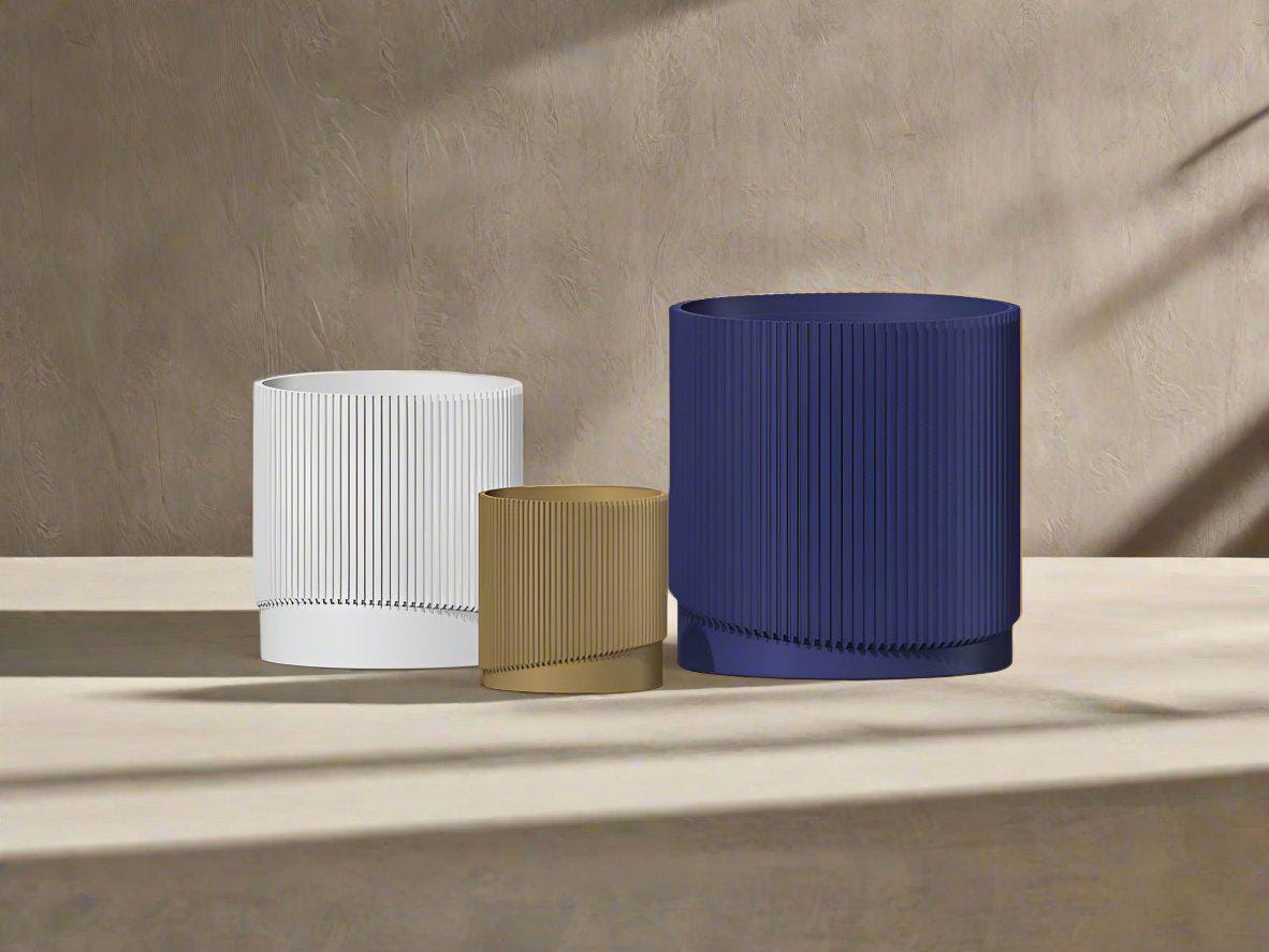 Mid-Century Ribbed 3D Printed Planter with Drainage & Saucer