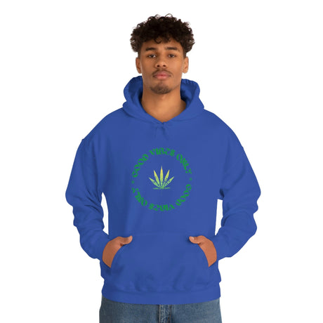 Person wearing a blue hoodie with a cannabis leaf design on a white background