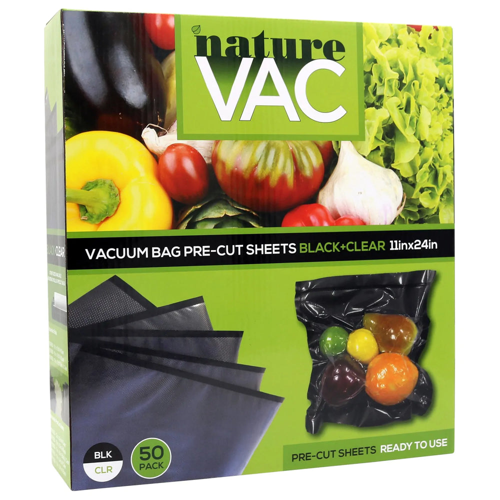 NatureVAC 11" x 24" Precut Vacuum Seal Bags - Black/Clear (Pack of 50)