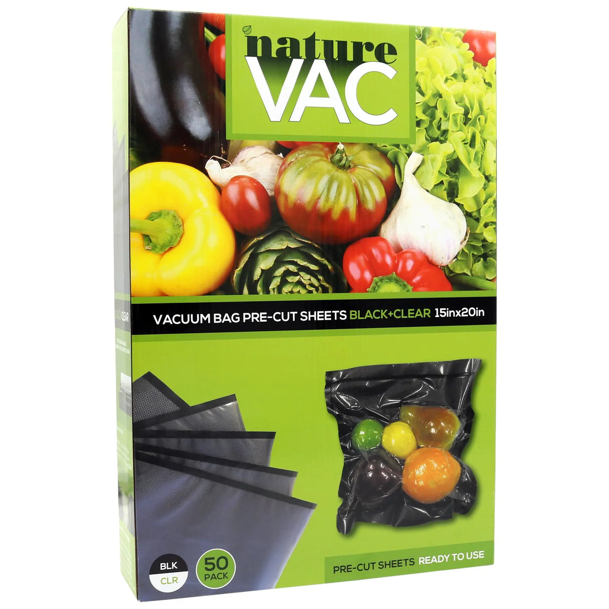 NatureVAC 15" x 20" Precut Vacuum Seal Bags - Black/Clear (Pack of 50)