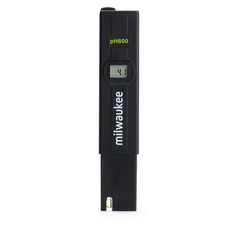 Black pH meter with digital display on a white background, featuring the Milwaukee brand.