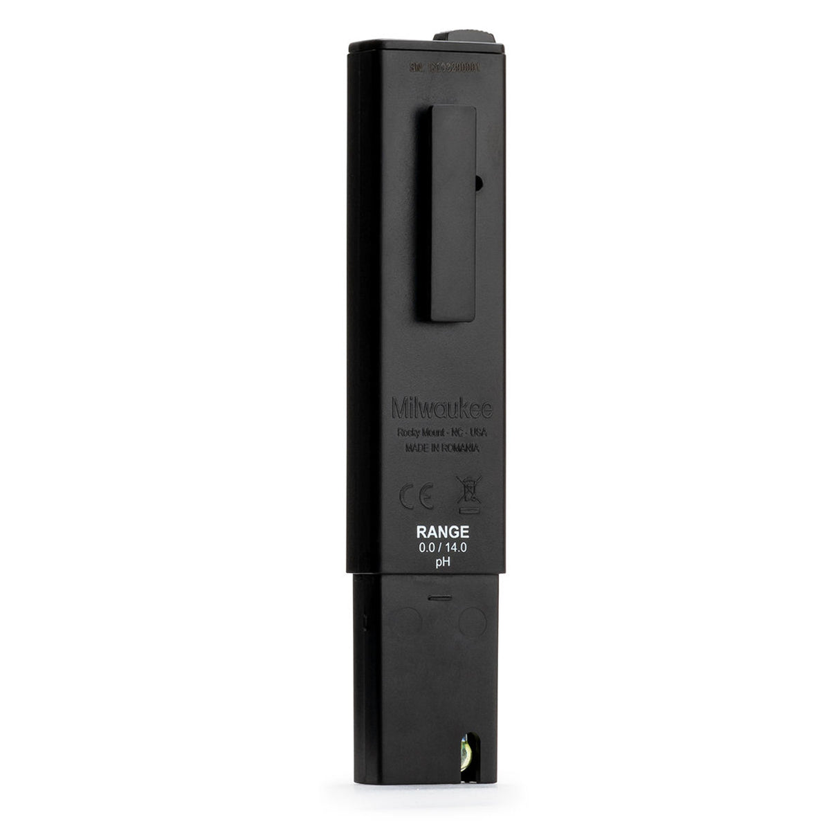 Black digital pH meter on a white background