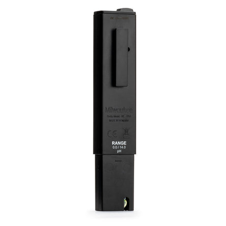 Black digital pH meter on a white background