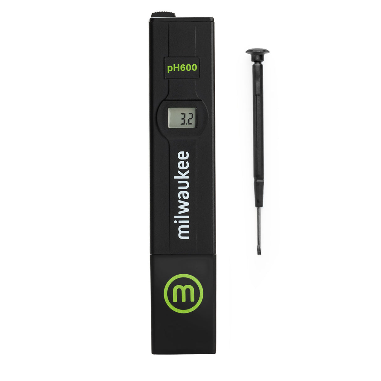 Milwaukee digital pH meter with probe on a white background