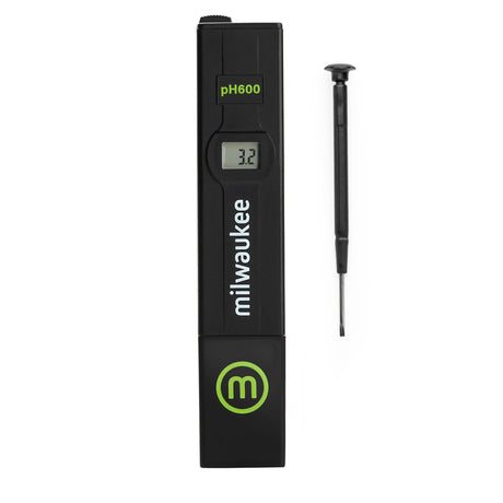 Milwaukee digital pH meter with probe on a white background