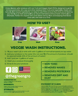 Instructions for using Veggie Wash on a green background with text and images.