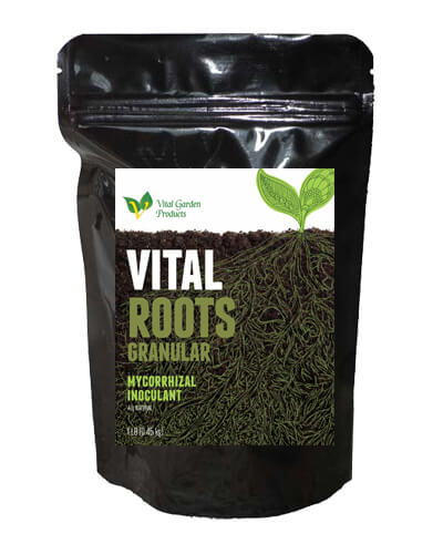 Black bag of Vital Roots Granular Mycorrhizal Inoculant with a white label on a white background