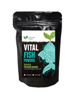 Black package of Vital Fish Powder with a label on a black background