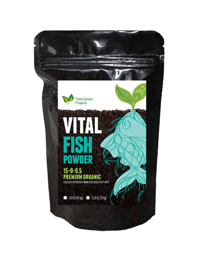 Black package of Vital Fish Powder with a label on a black background