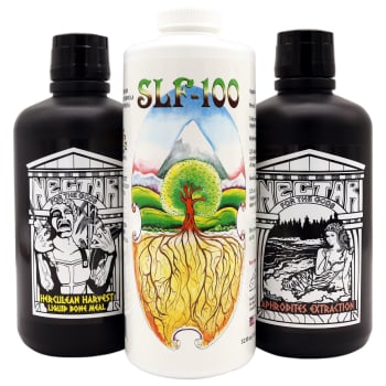 The Perfect Flush - Organic Flushing Kit displaying quart size bottles of Herculean Harvest, SLF-100 and Aphrodite's Extraction