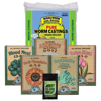 100 gallon Super Soil kit displaying 30 lb bag of Wiggle Worm Castings, 5 lb boxes of Down to Earth Bone Meal, Blood Meal and Dolomite Lime, 6 lb box of Down to Earth Azomite, 5 lb box of Down to Earth Rock Phosphate and a 300g bag of Bioag Ful-Humix