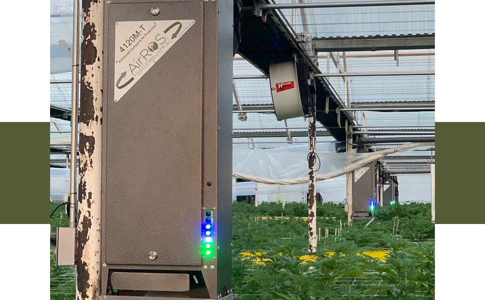 Side view of multiple AirROS 4120s installed vertically in a greenhouse with plants below