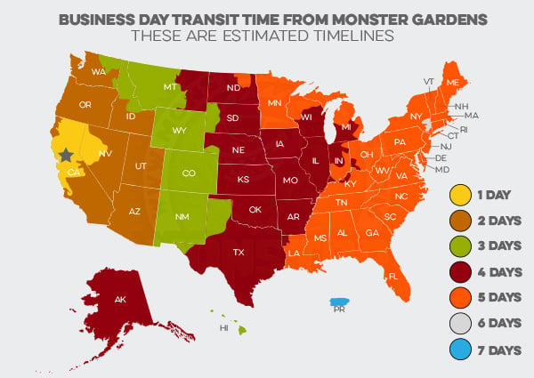 Estimated business day transit times across US from Monster Gardens